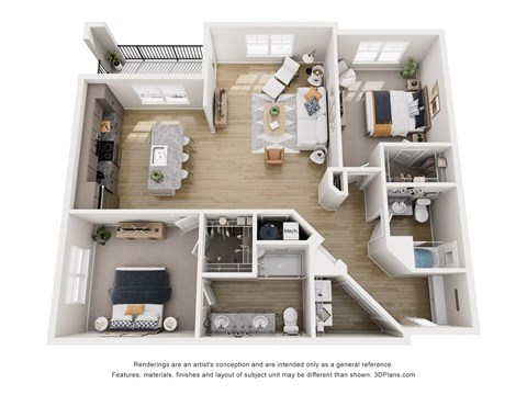 A 3D floor plan of a house with a kitchen, living room, and bedrooms.